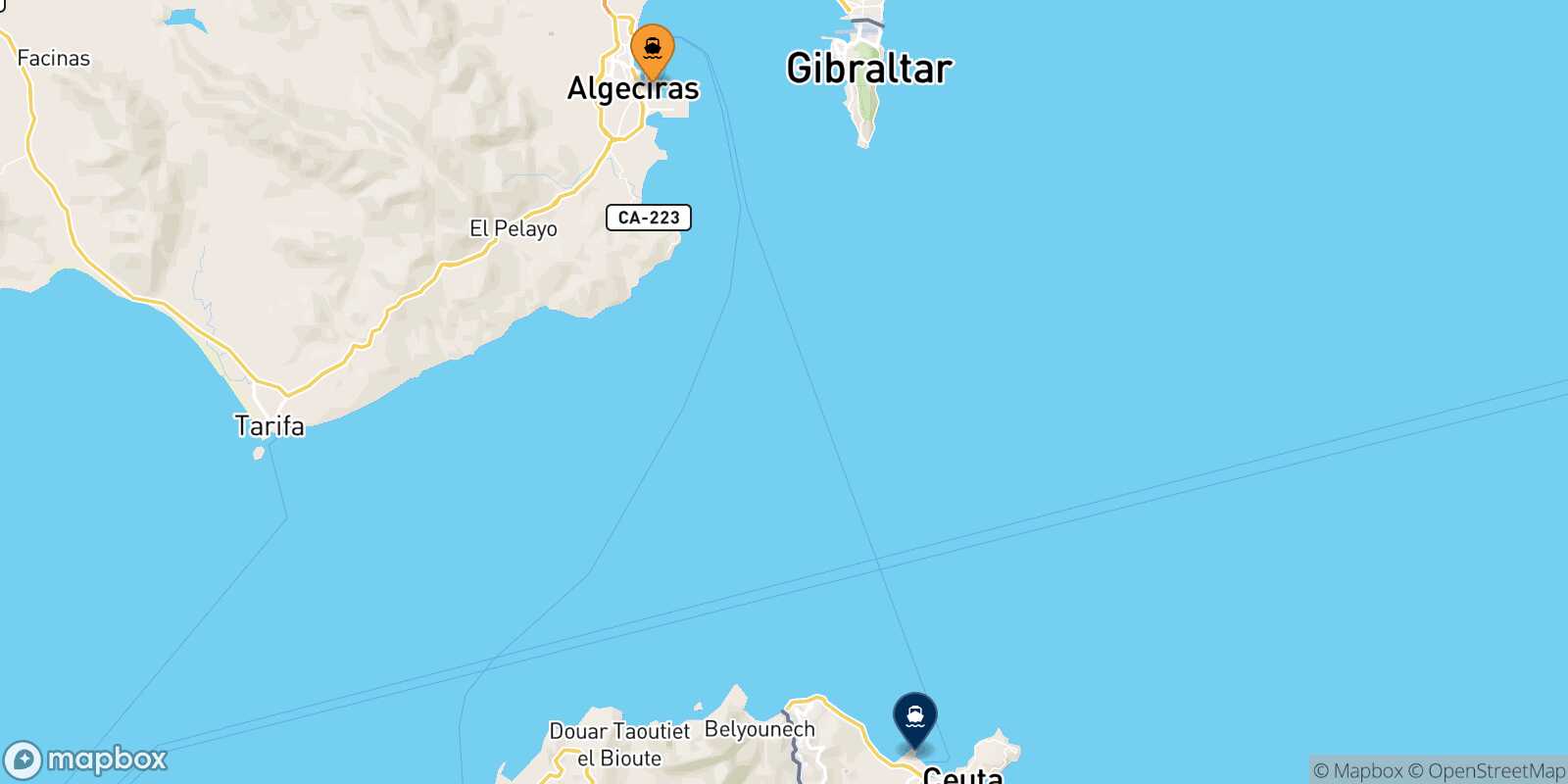 Map of the destinations reachable from Algeciras