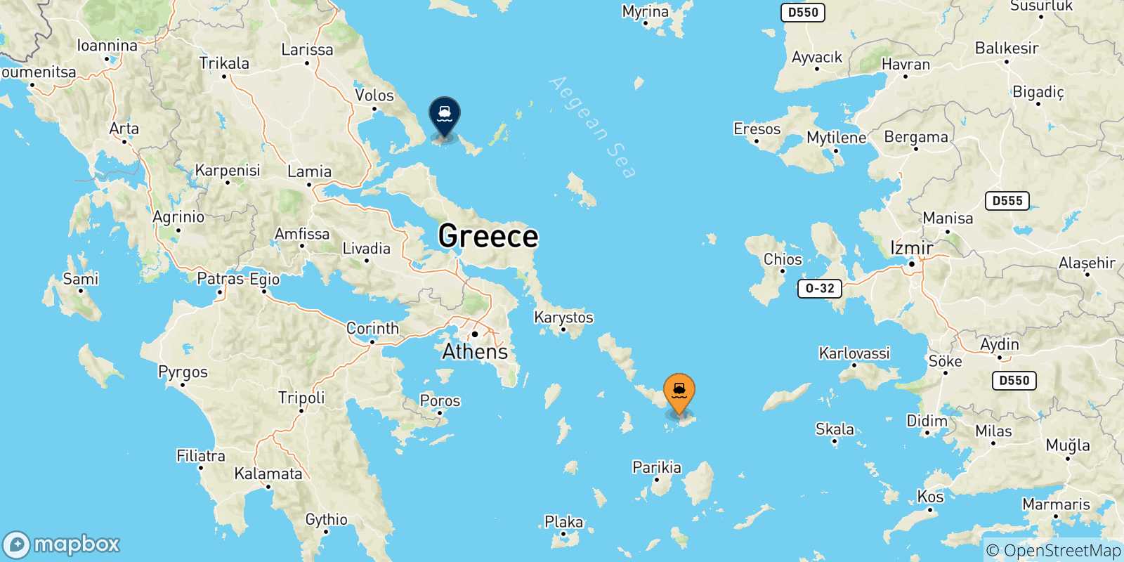 Map of the possible routes between Mykonos and Sporades Islands