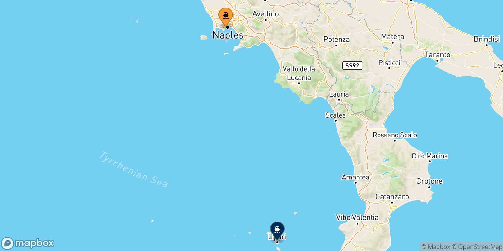 Naples Mergellina Lipari route map