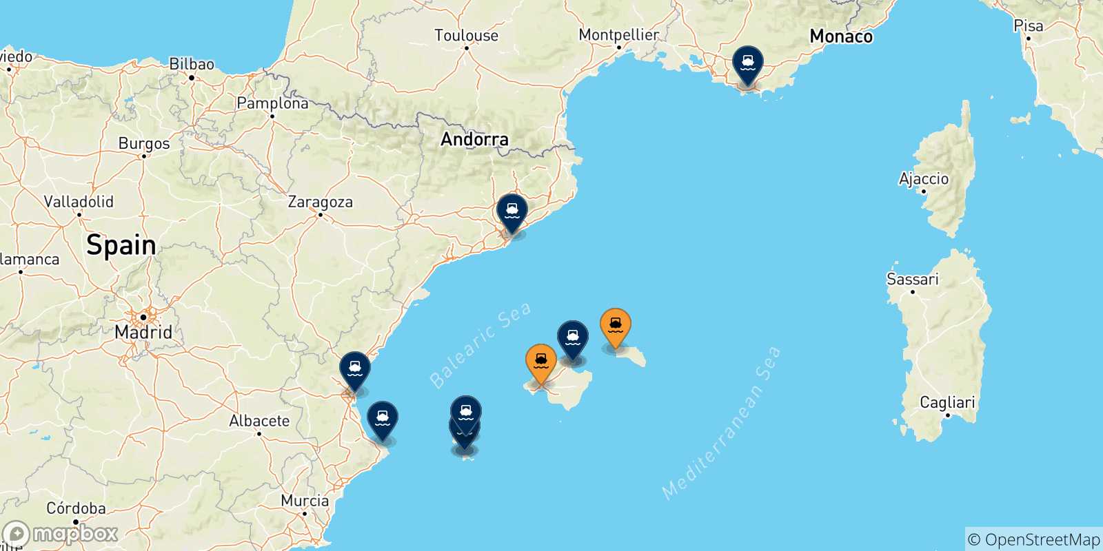 Map of the destinations reachable from the Balearic Islands