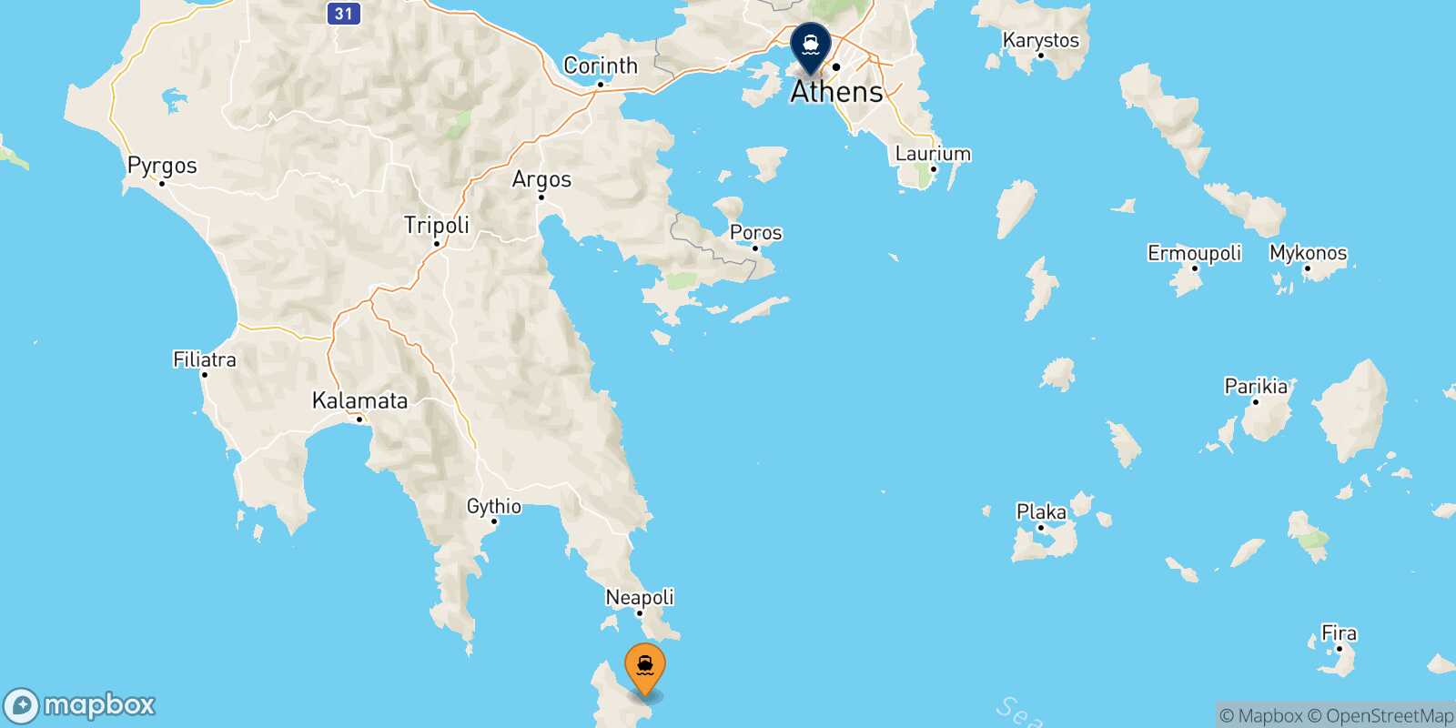 Kythira Piraeus route map