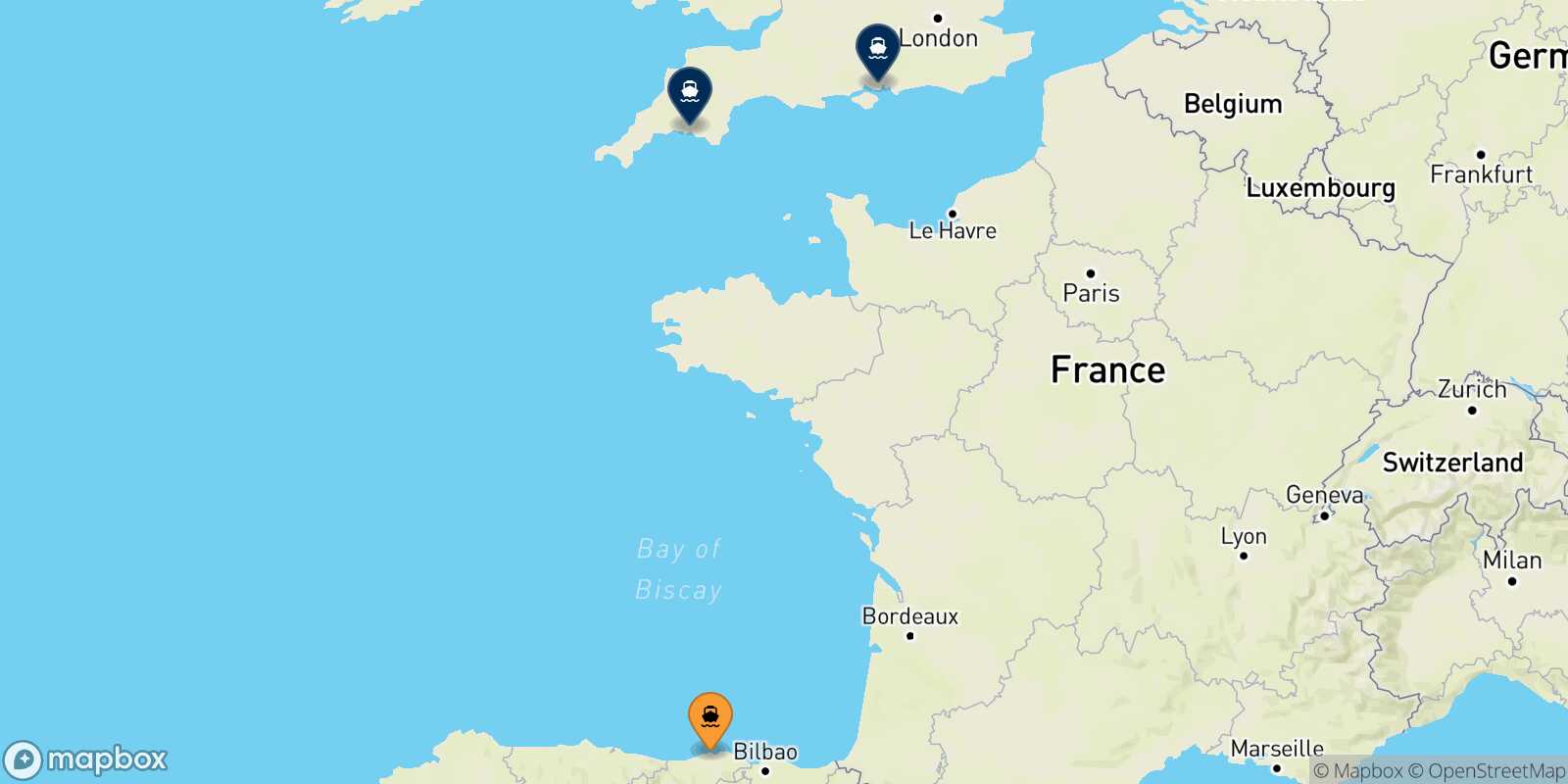 Map of the destinations reachable from Santander