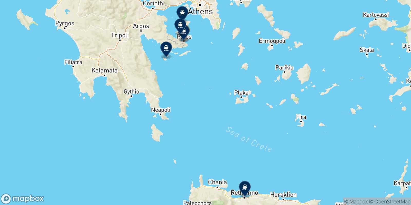 Map of the destinations reachable from Poros