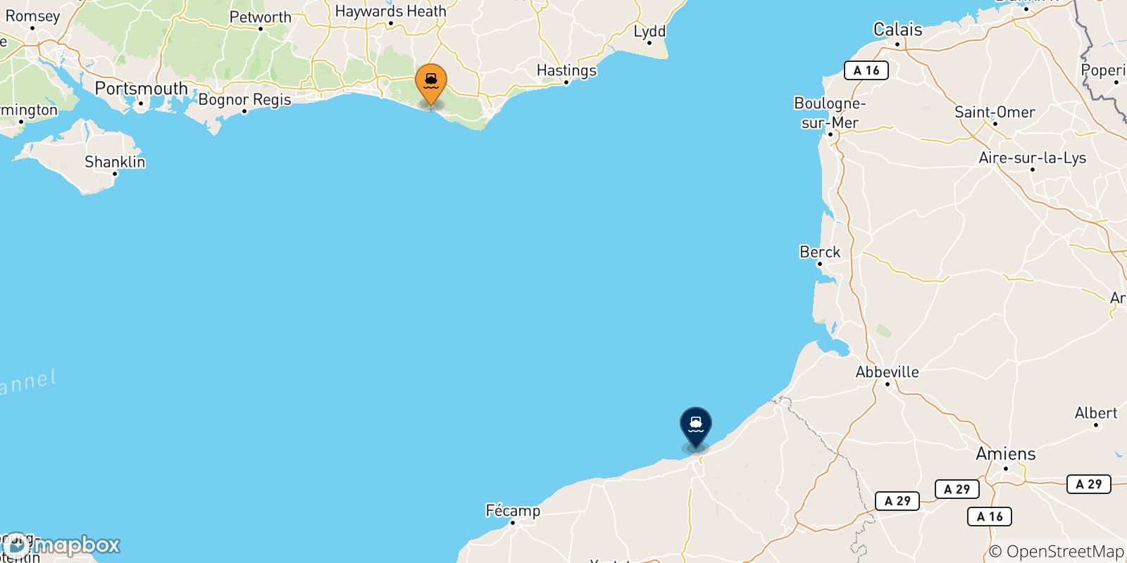 Map of the possible routes between Uk and Dieppe