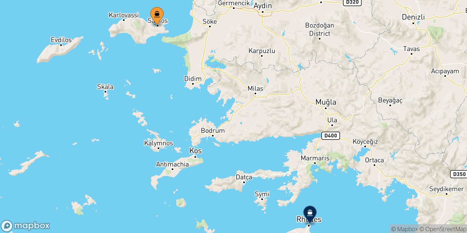 Vathi (Samos) Rhodes route map
