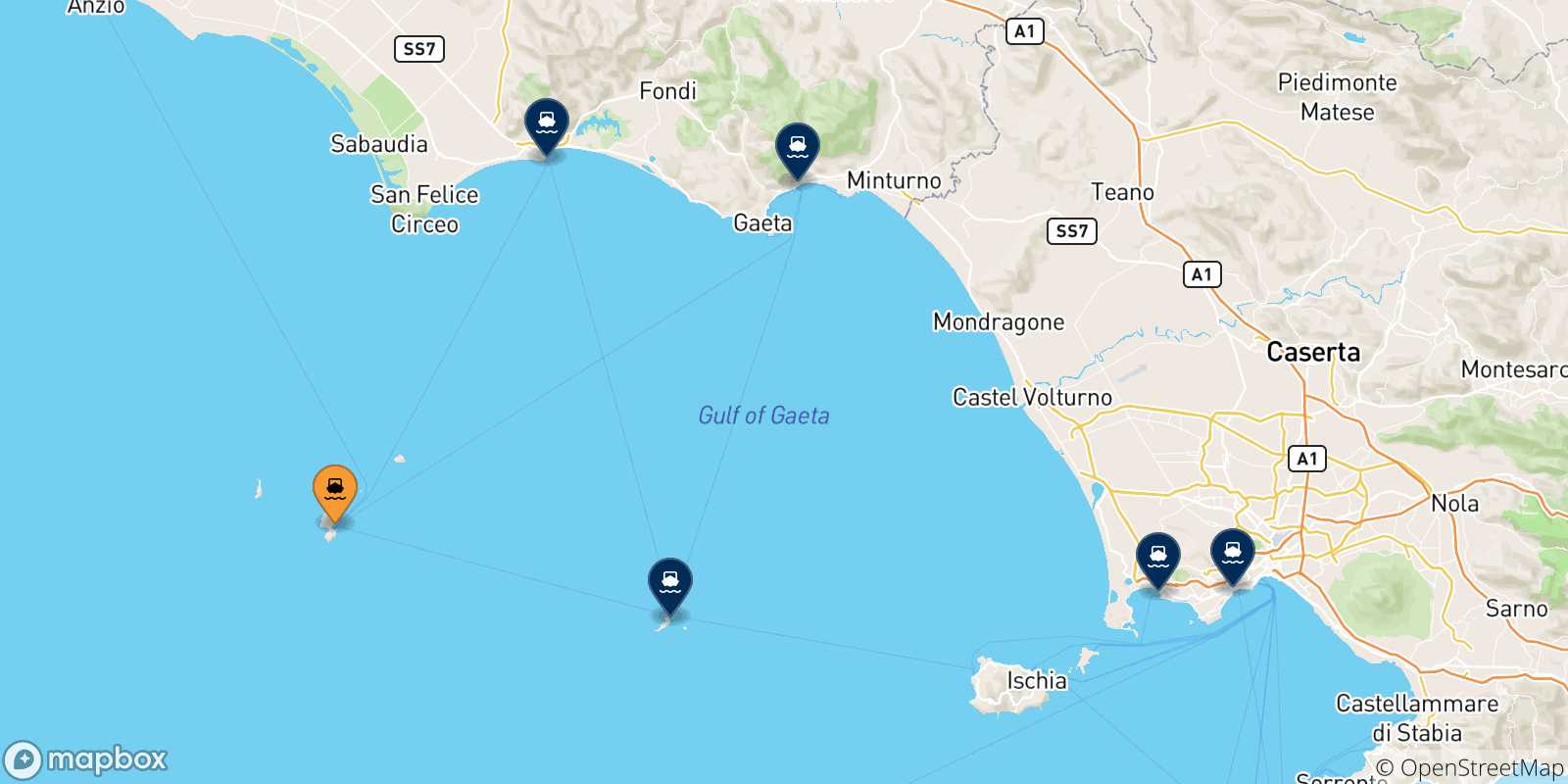 Map of the possible routes between Ponza and Italy