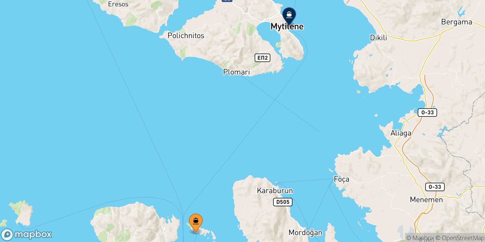 Inousses Mytilene (Lesvos) route map
