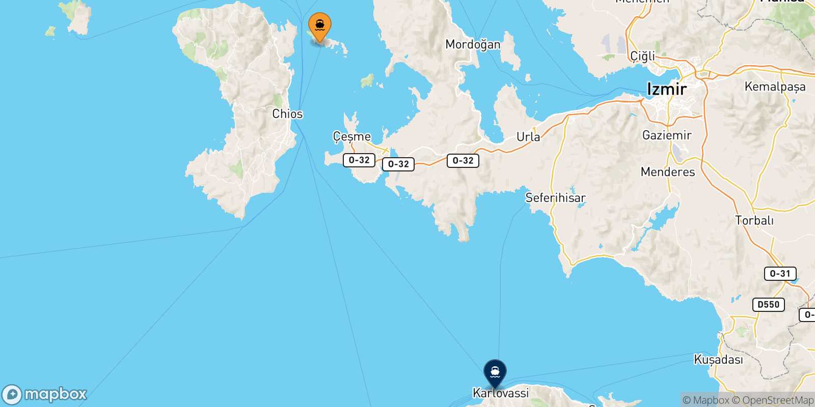Inousses Karlovassi (Samos) route map