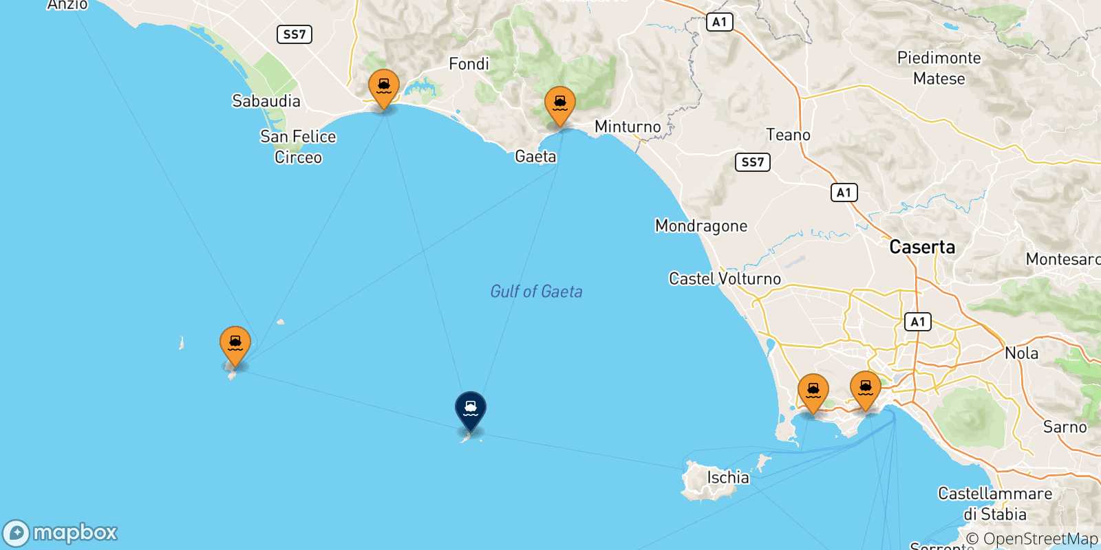 Map of the possible routes between Italy and Ventotene
