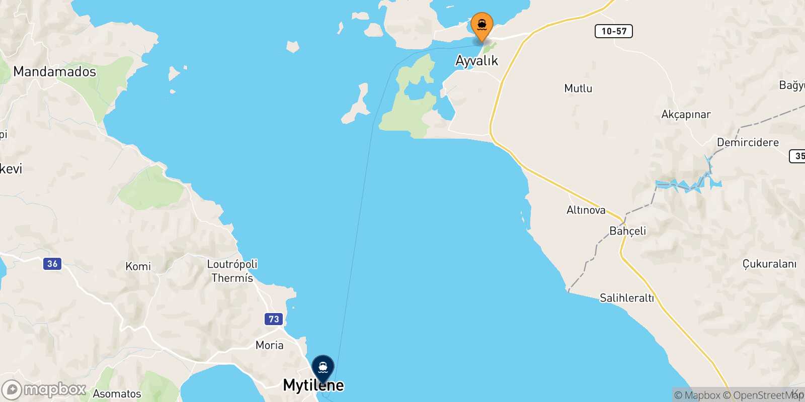Map of the ports connected with  Mytilene (Lesvos)