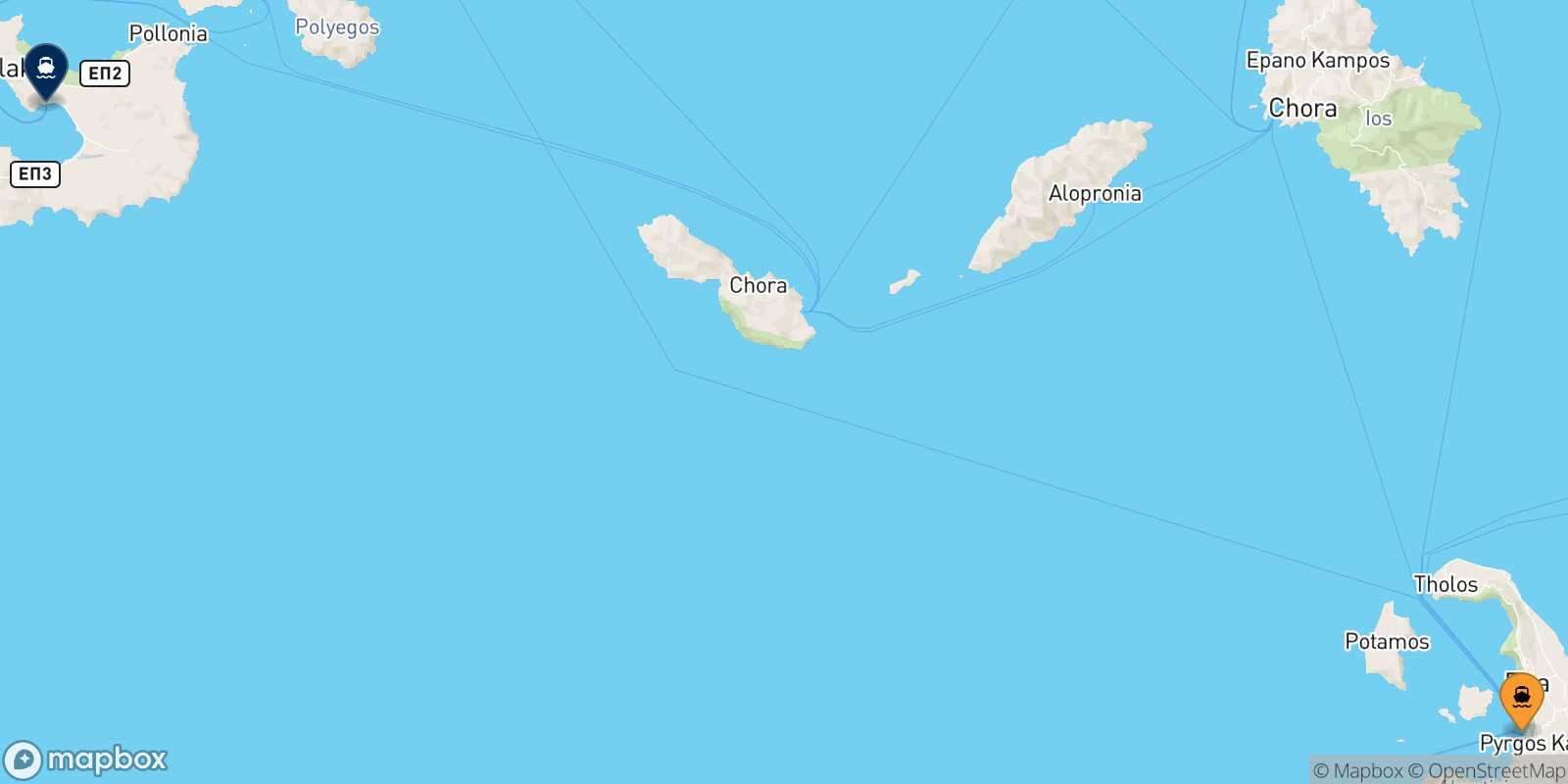 Thira (Santorini) Milos route map
