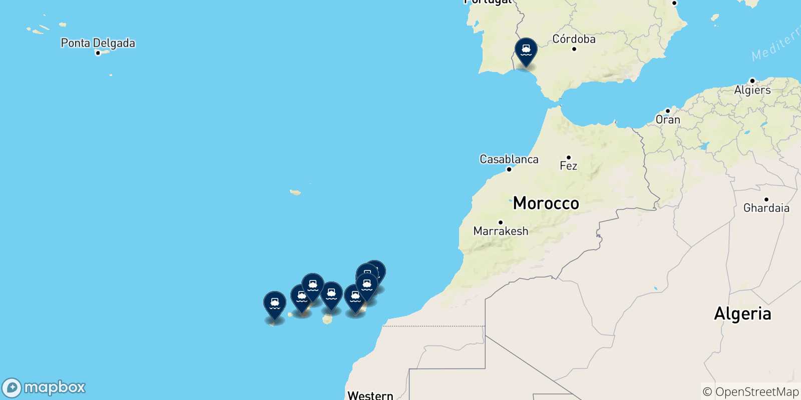 Map of the destinations reachable from the Canary Islands