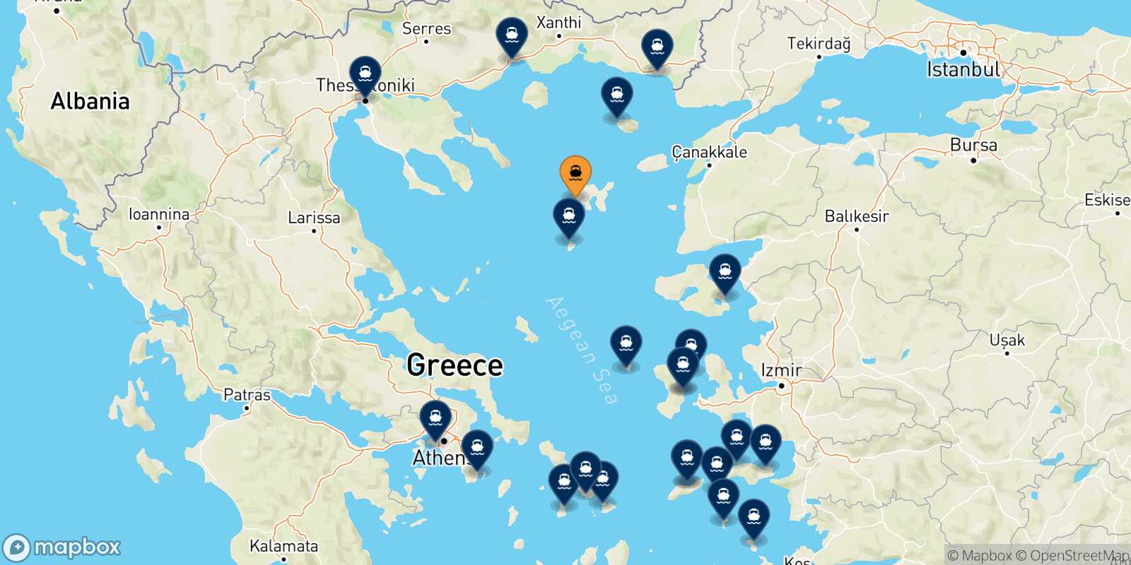 Map of the destinations reachable from Myrina (Limnos)