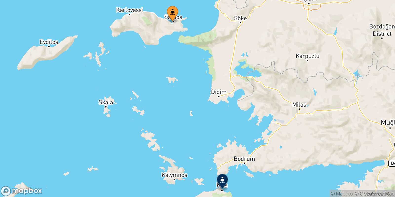 Vathi (Samos) Kos route map