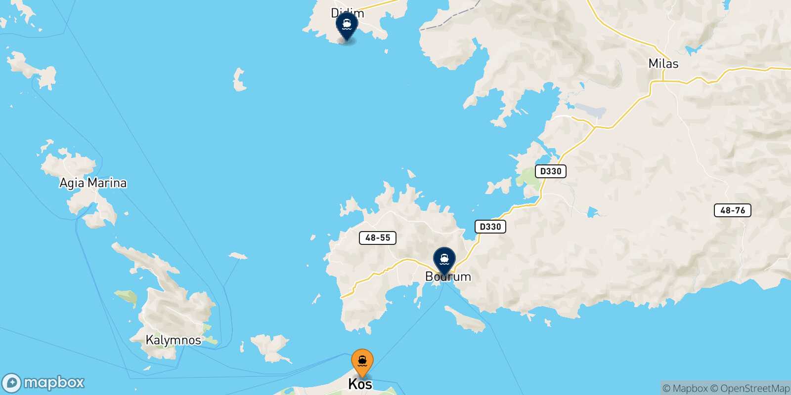 Map of the destinations reachable from Kos