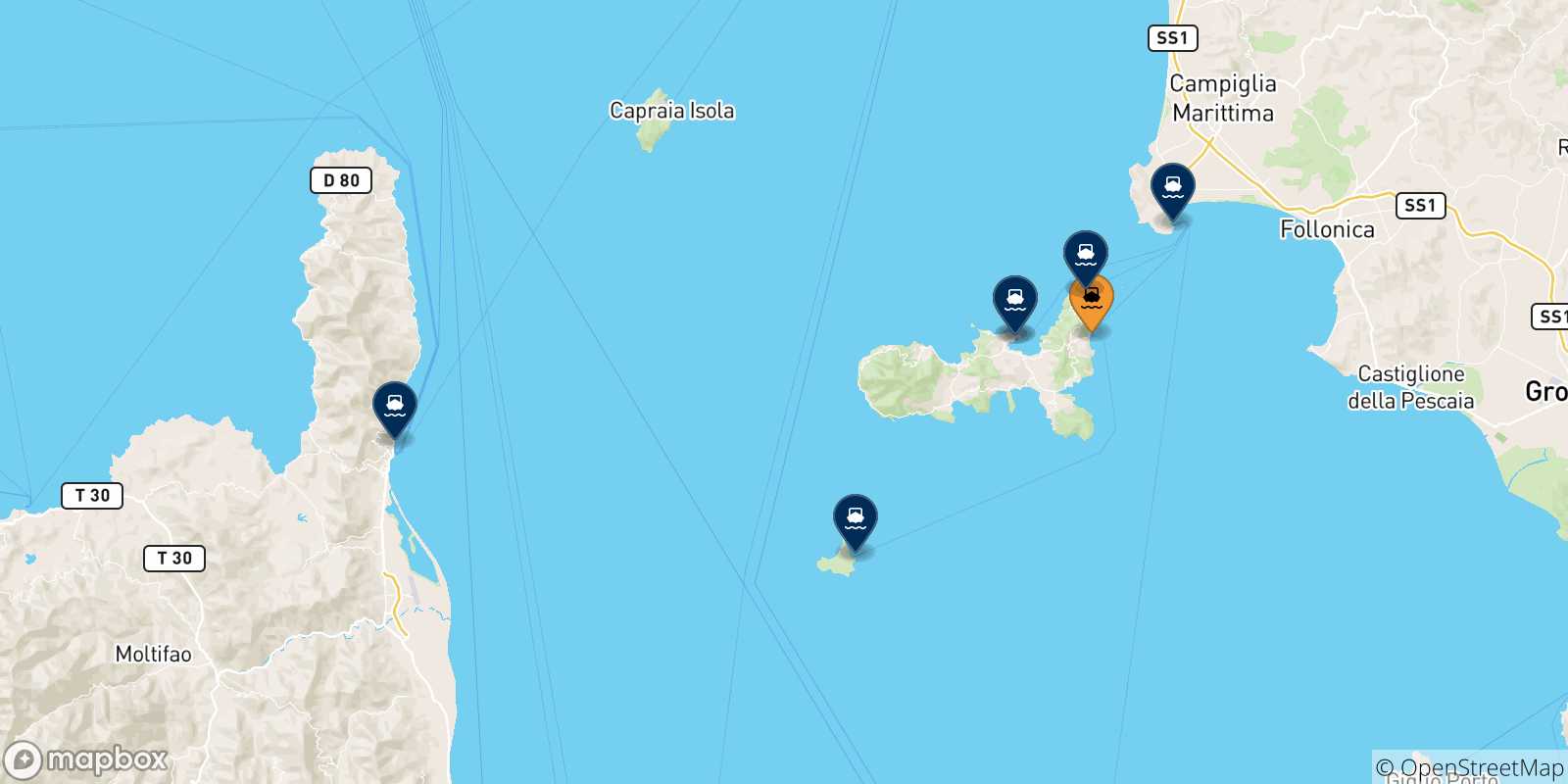 Map of the destinations reachable from Elba Island