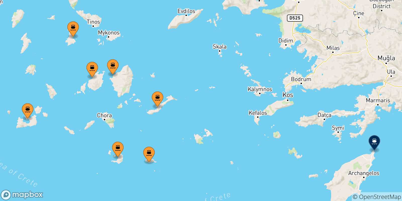 Map of the possible routes between Cyclades Islands and Rhodes