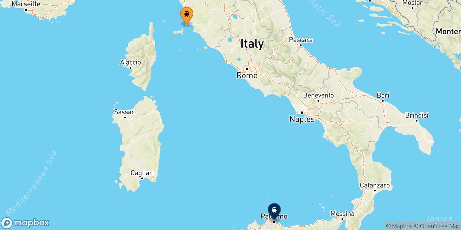 Map of the destinations reachable from Piombino