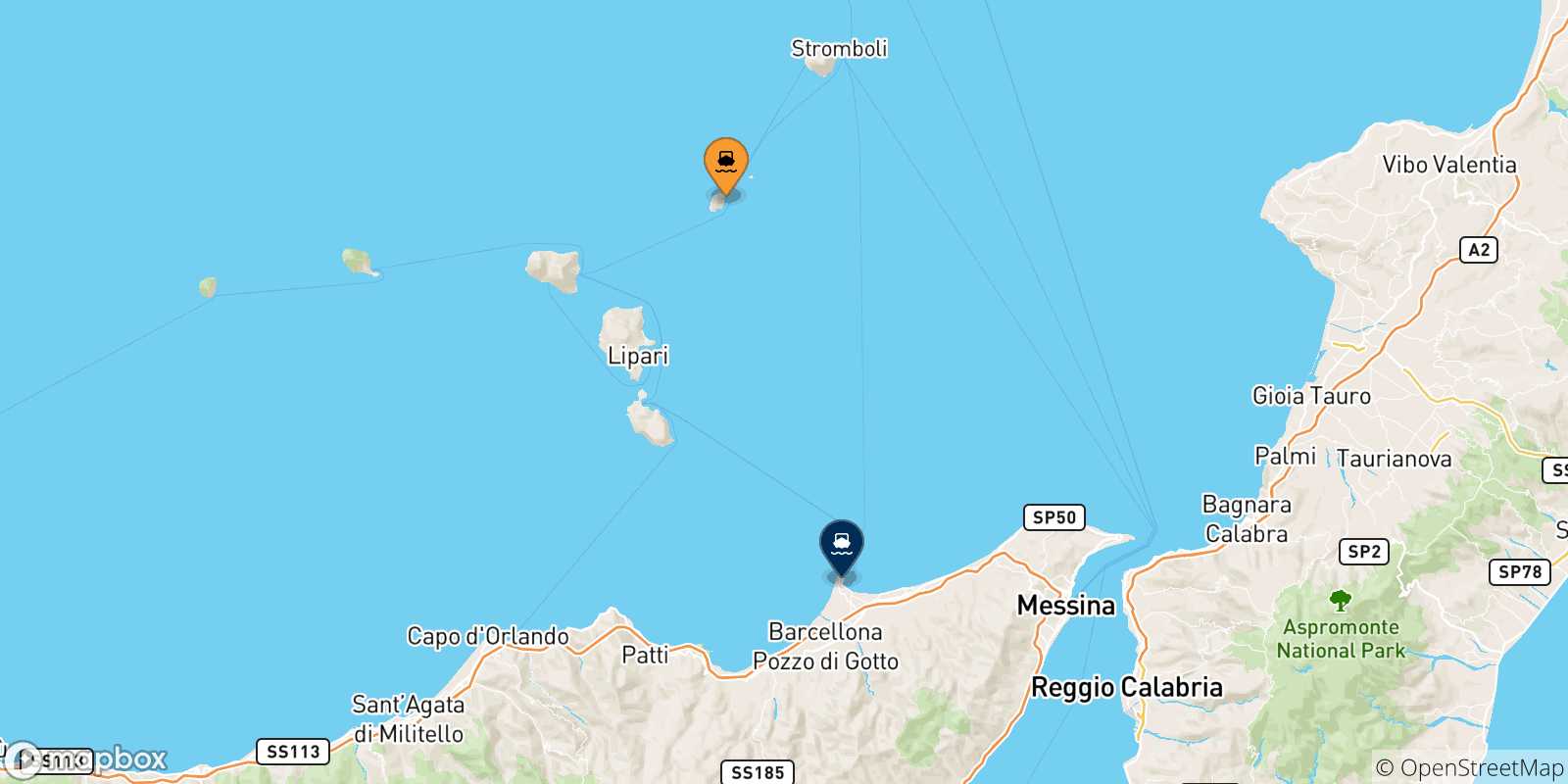 Map of the possible routes between Panarea and Sicily