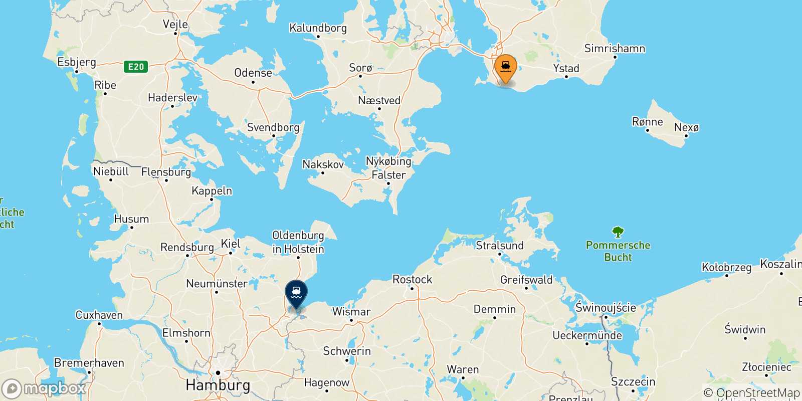 Map of the possible routes between Sweden and Germany