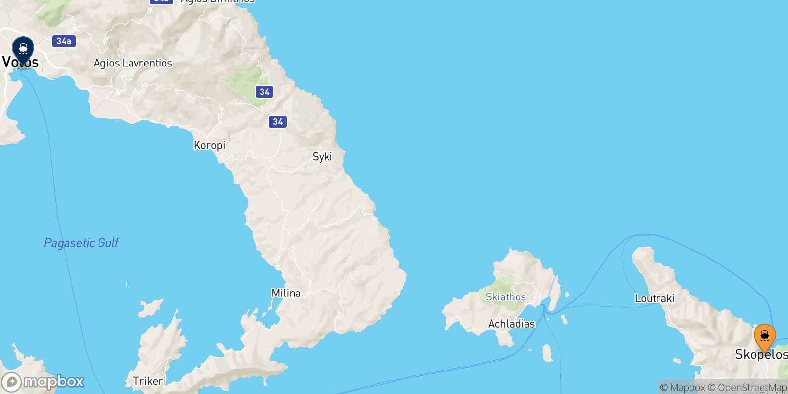 Skopelos Volos route map