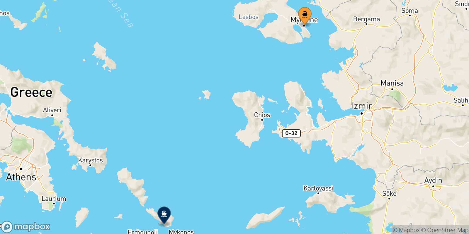 Mytilene (Lesvos) Tinos route map