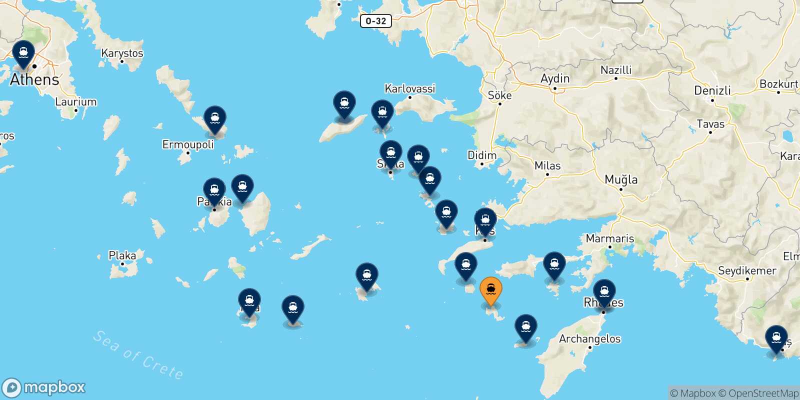 Map of the destinations reachable from Tilos