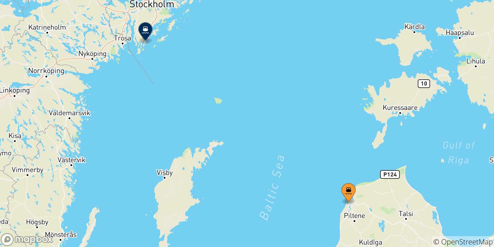 Map of the possible routes between Ventspils and Sweden