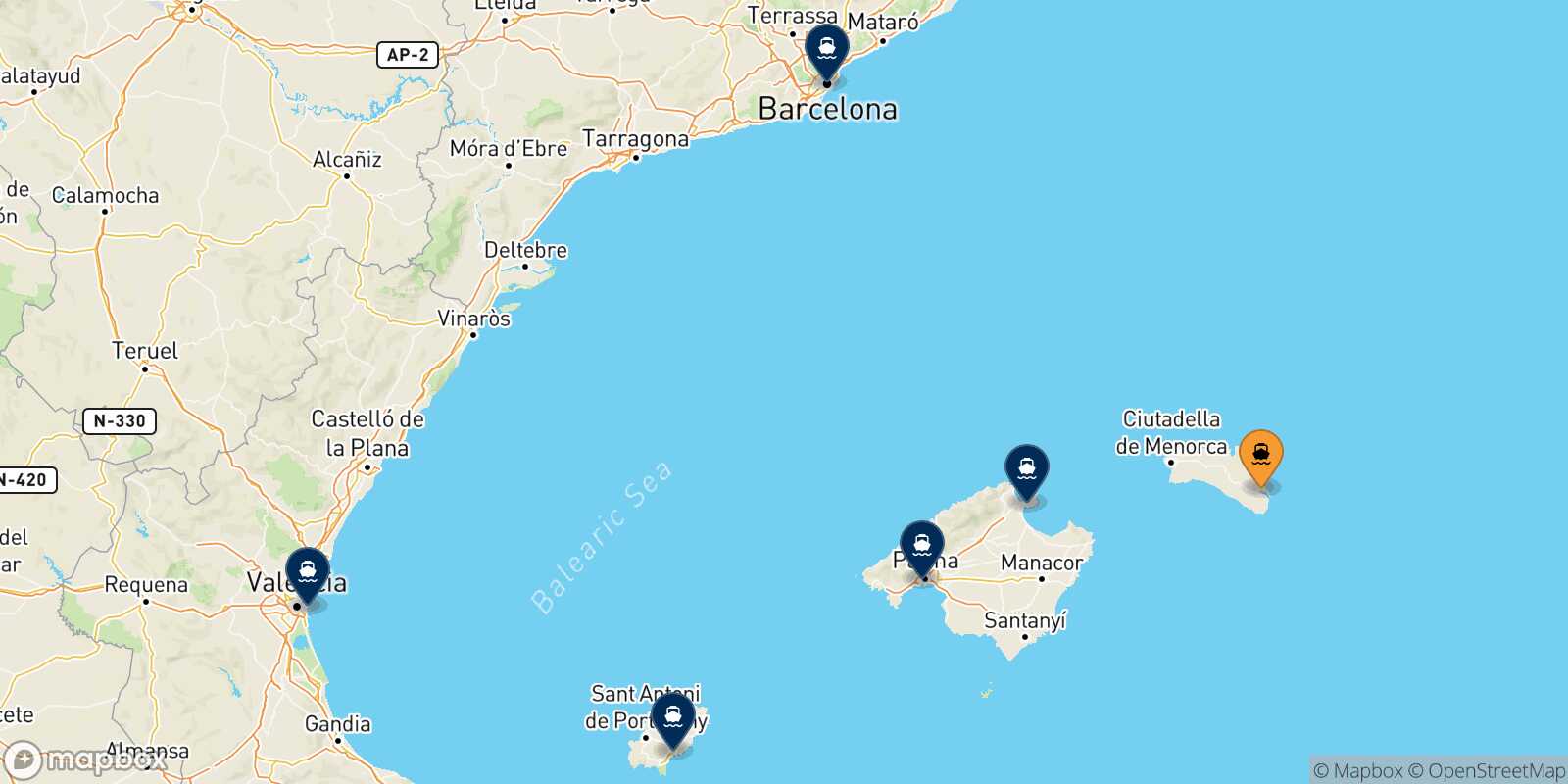 Map of the destinations reachable from Mahon (Minorca)
