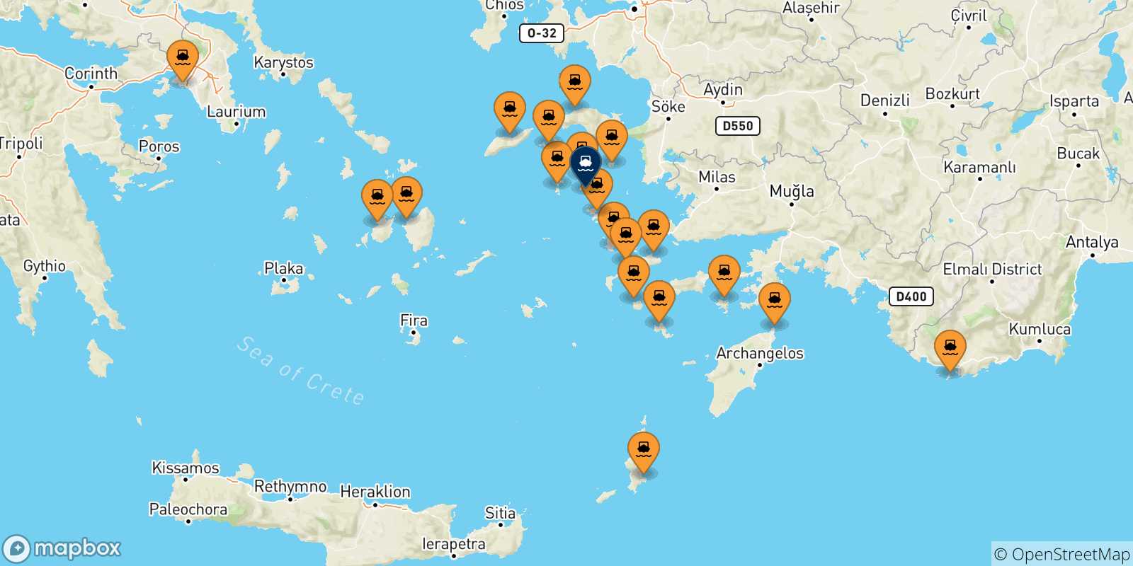 Map of the possible routes between Greece and Lipsi