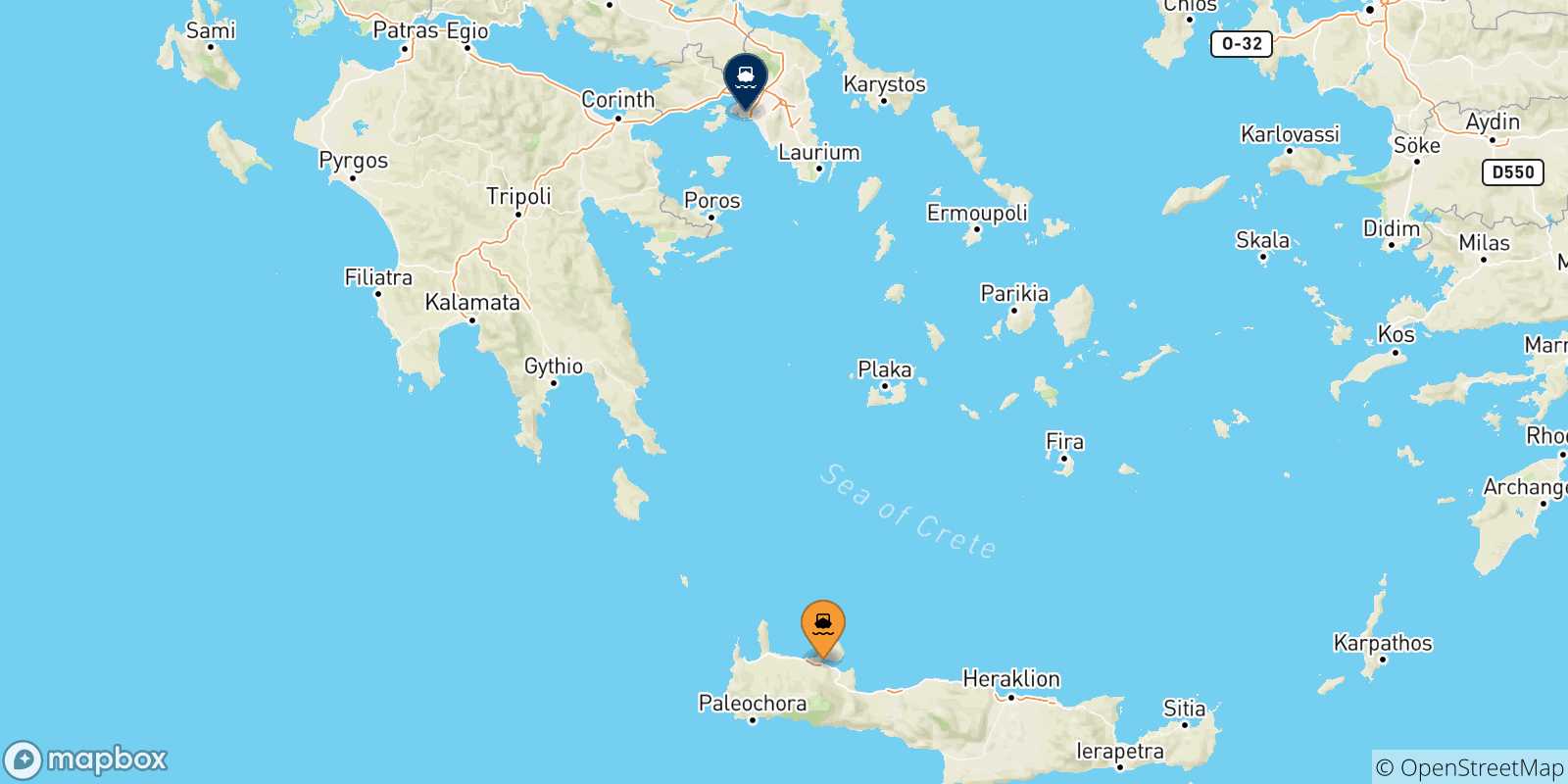 Map of the possible routes between Chania and Greece