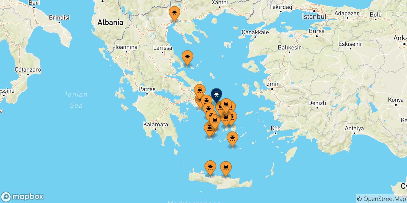 Map of the possible routes between Greece and Andros