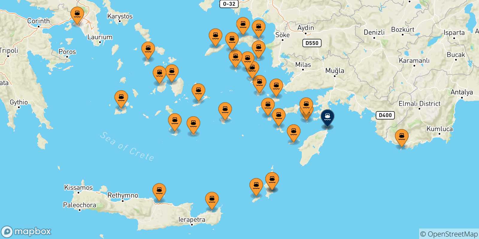 Map of the possible routes between Greece and Rhodes