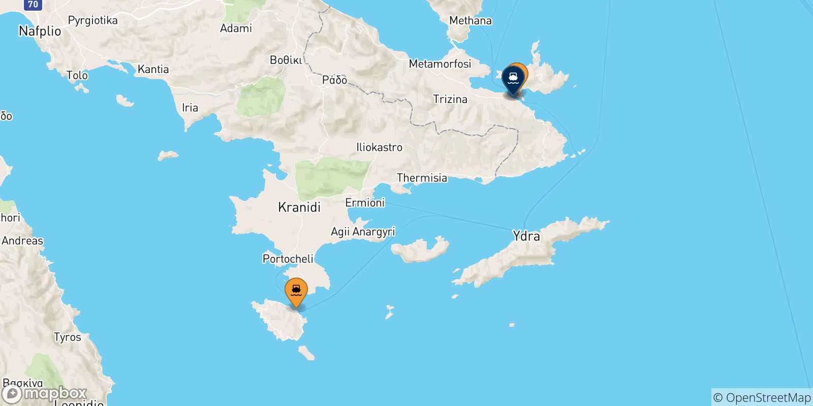 Map of the possible routes between Saronic Islands and Hermioni
