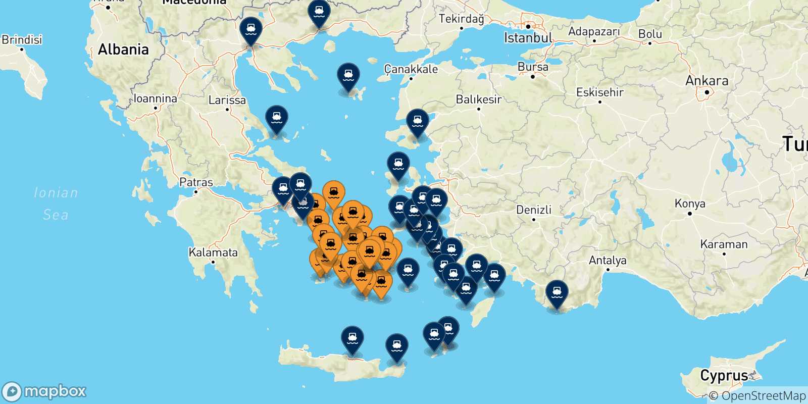 Map of the possible routes between Cyclades Islands and Greece