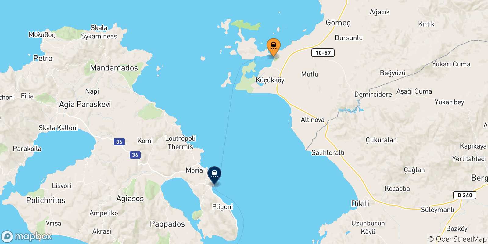 Map of the possible routes between Turkey and Mytilene (Lesvos)