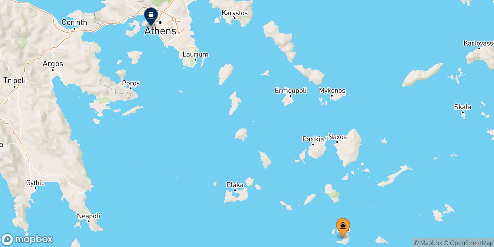 Thira (Santorini) Piraeus route map