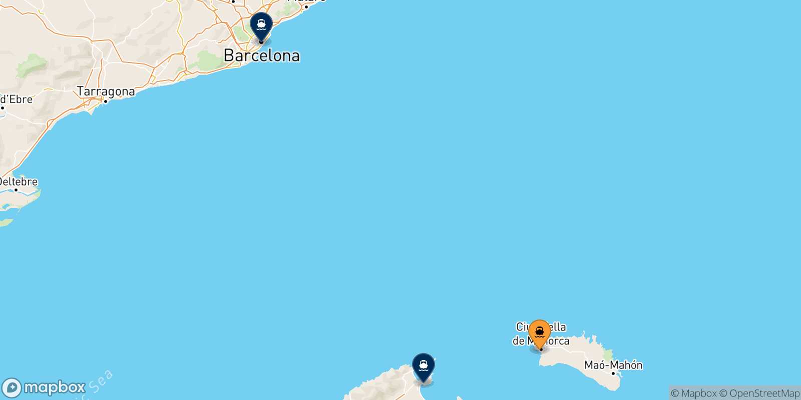 Map of the destinations reachable from Ciutadella (Minorca)