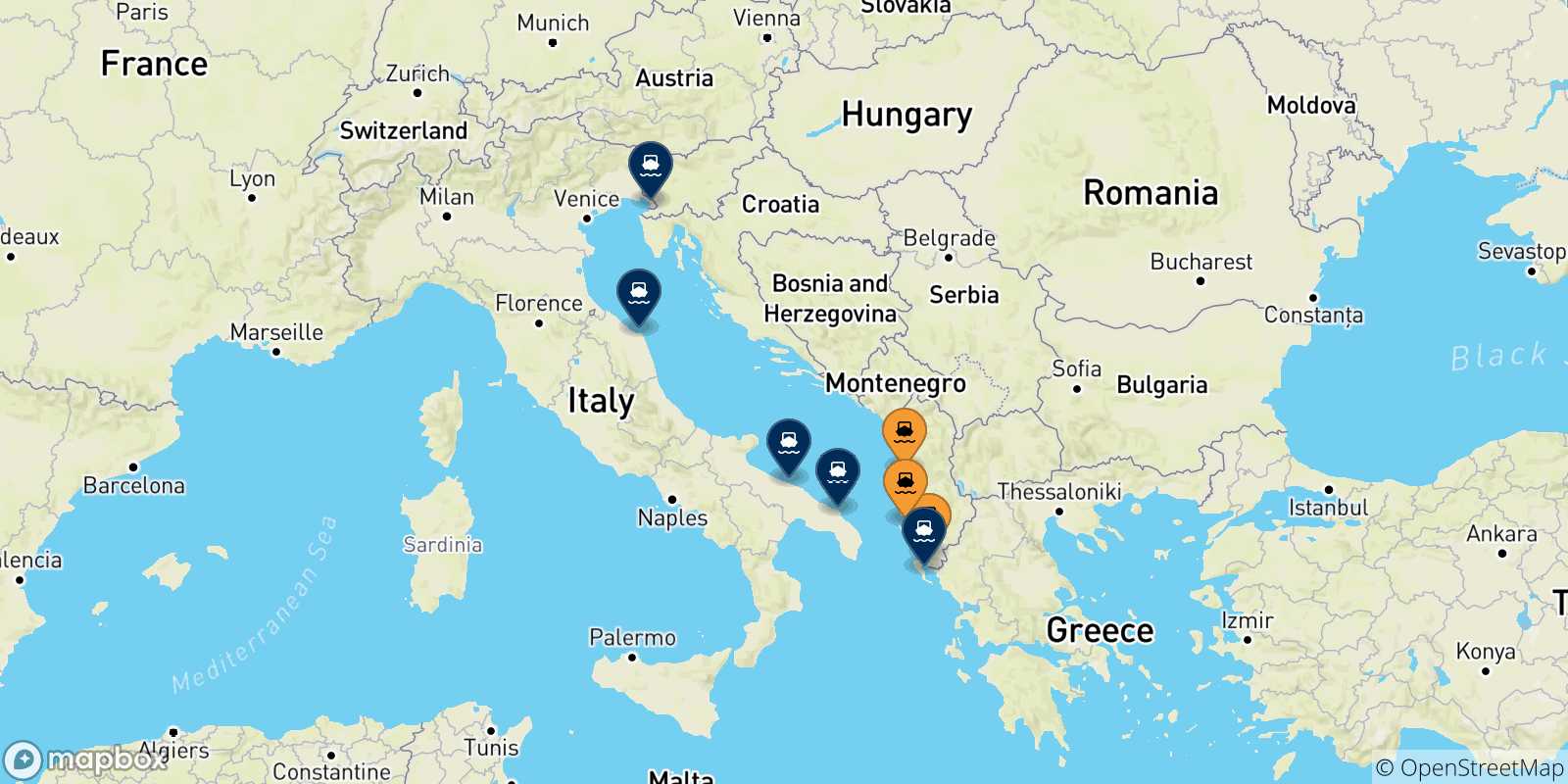 Map of the destinations reachable from Albania