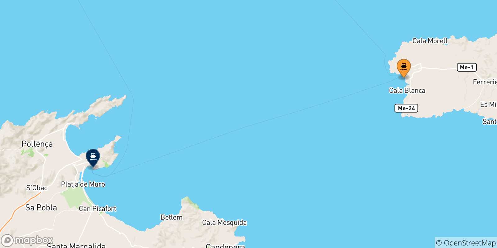 Map of the possible routes between Ciutadella (Minorca) and Balearic Islands