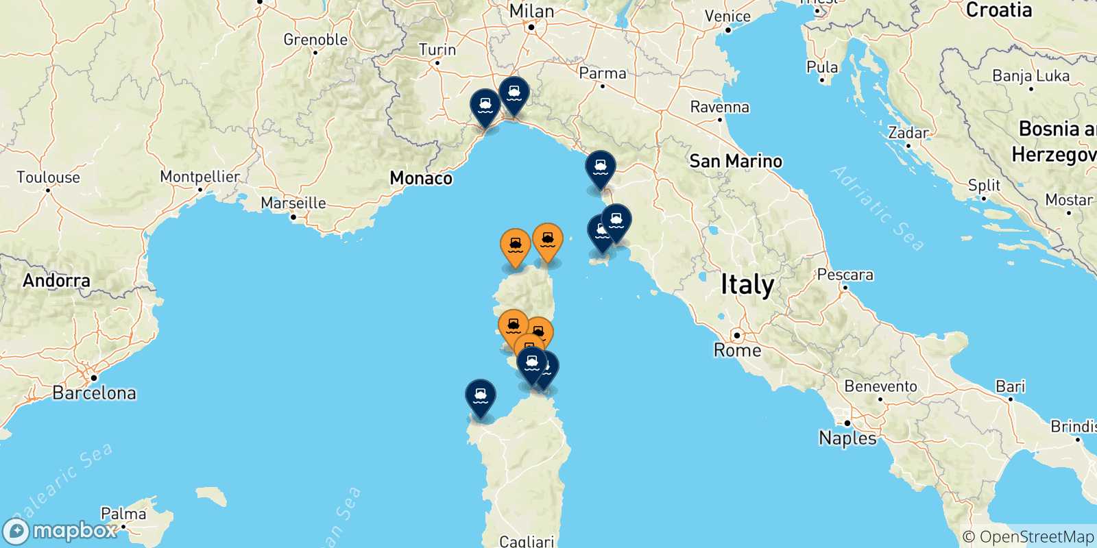 Map of the possible routes between Corsica and Italy