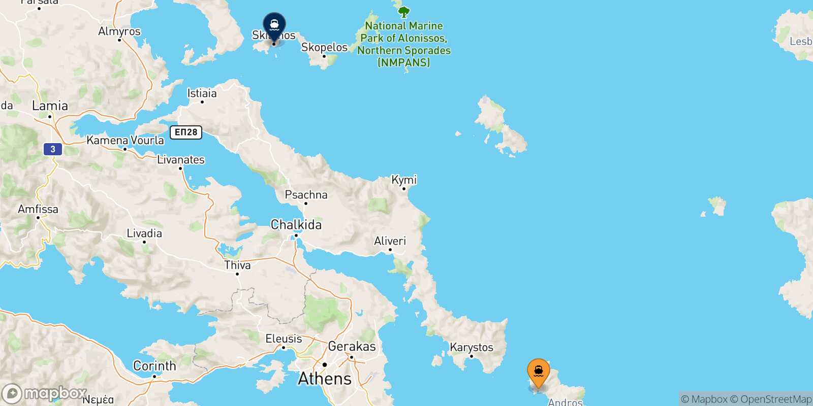 Map of the destinations reachable from Andros