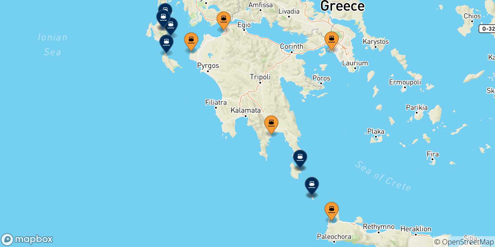 Map of the possible routes between Greece and Ionian Islands