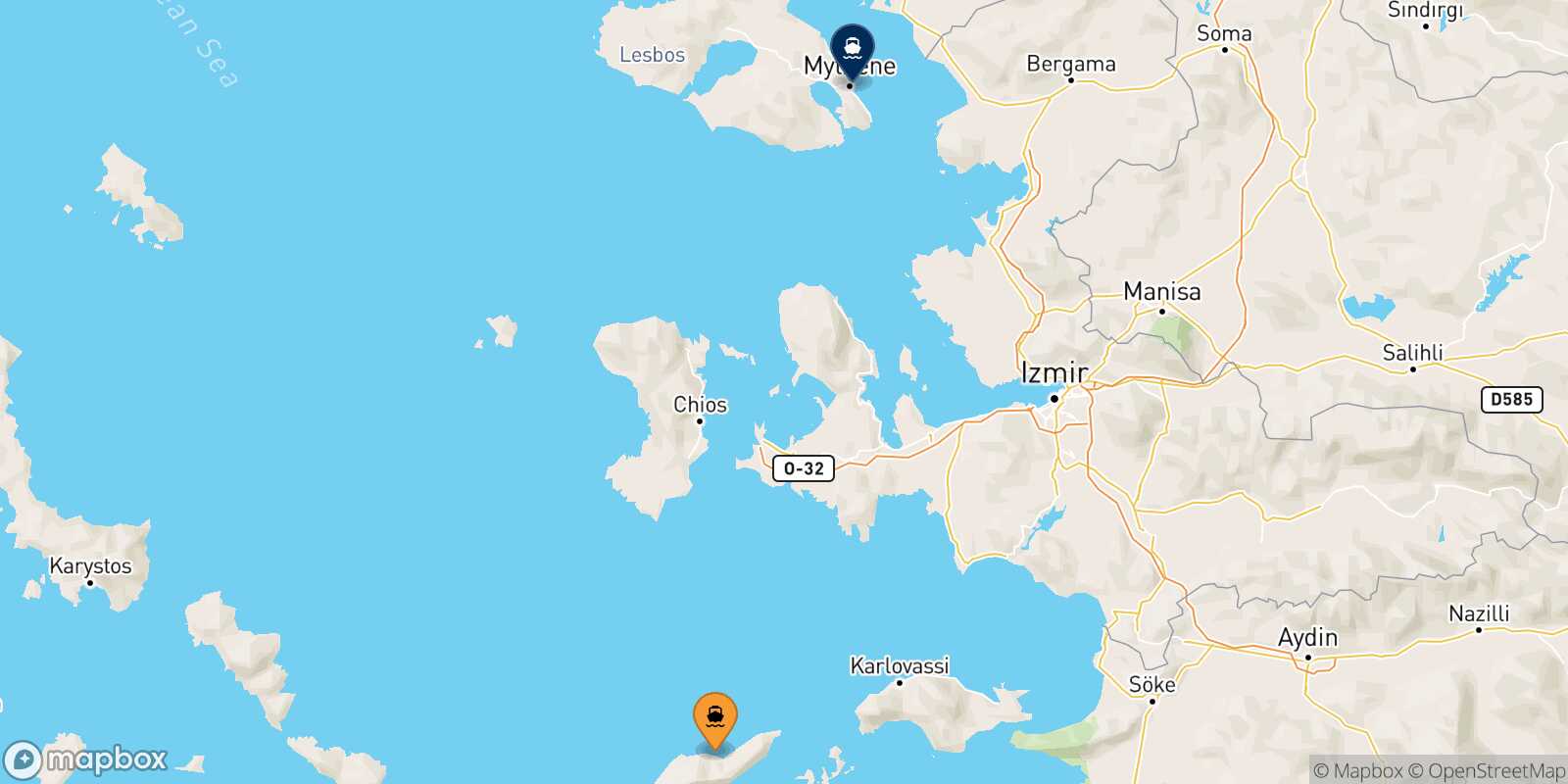 Evdilos (Ikaria) Mytilene (Lesvos) route map