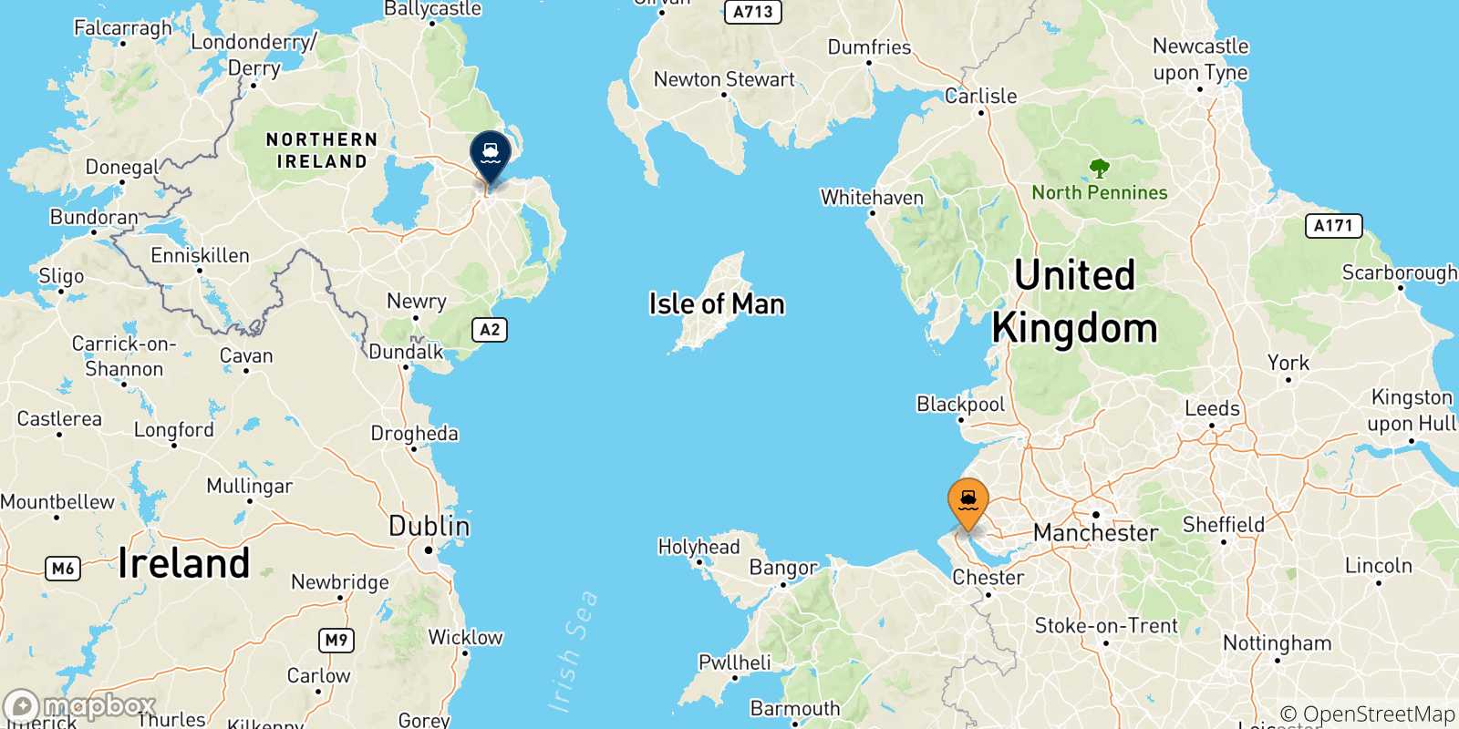 Map of the possible routes between Liverpool Birkenhead and Northern Ireland