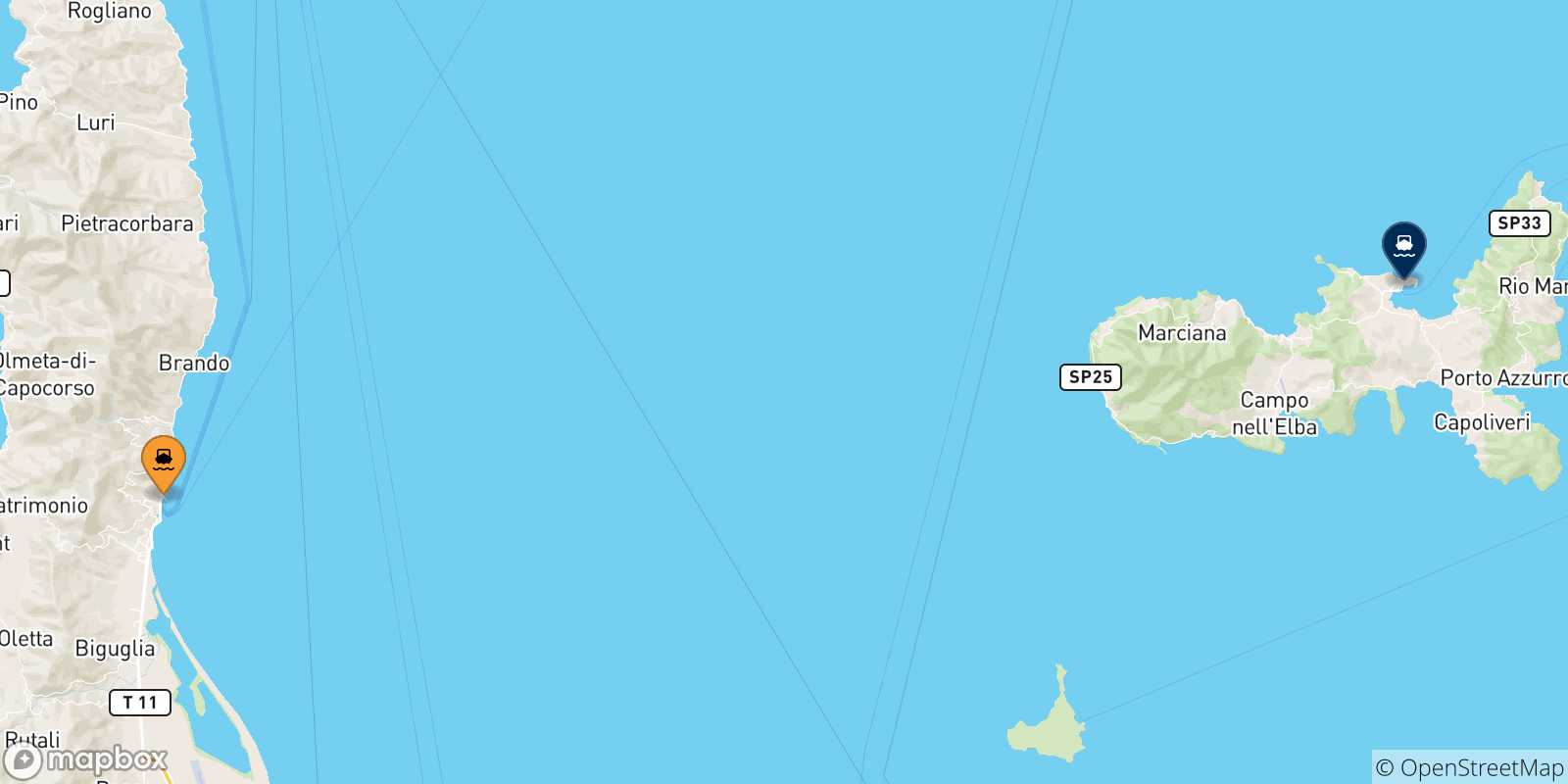 Map of the possible routes between France and Portoferraio