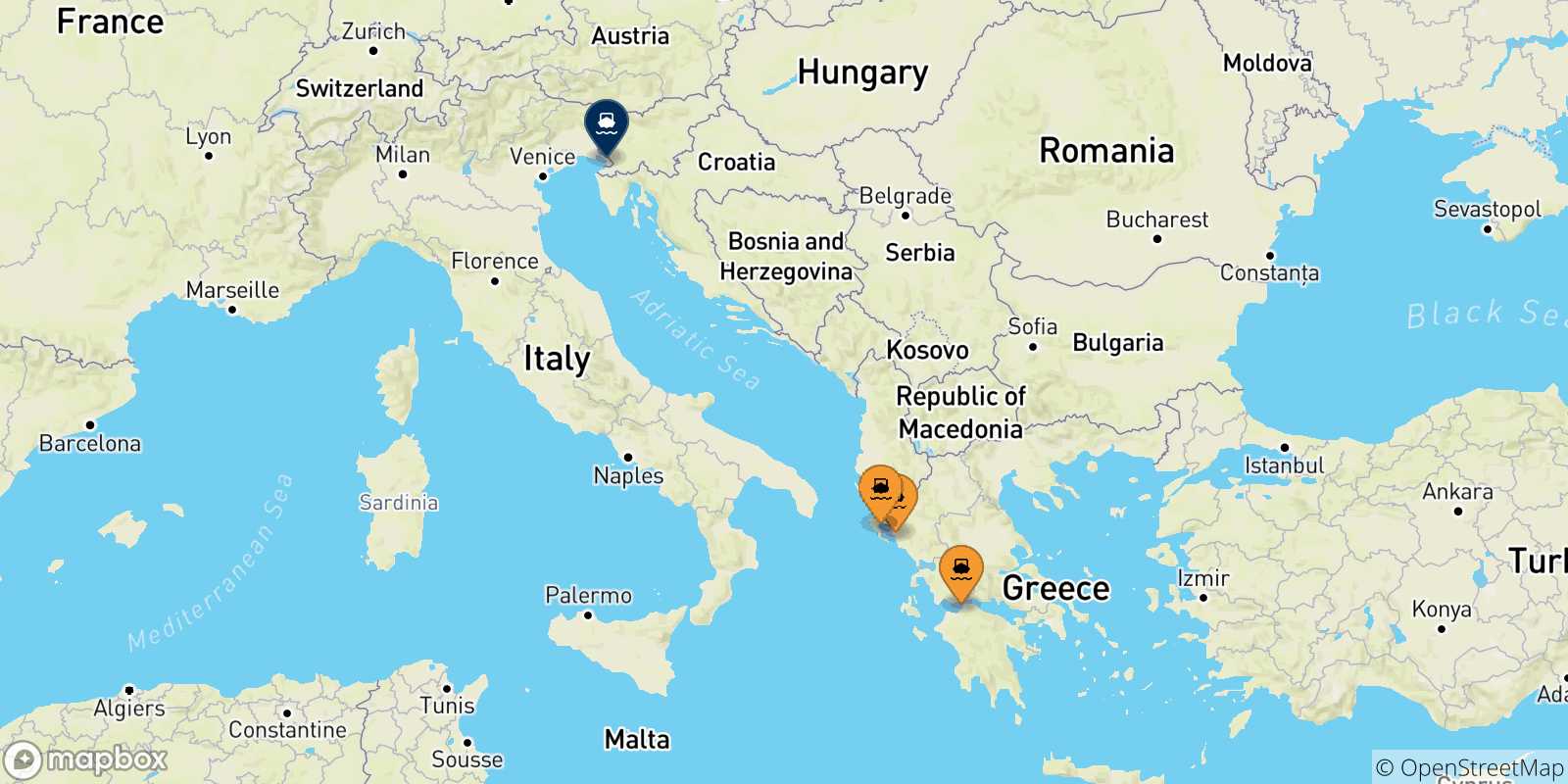 Map of the possible routes between Greece and Trieste