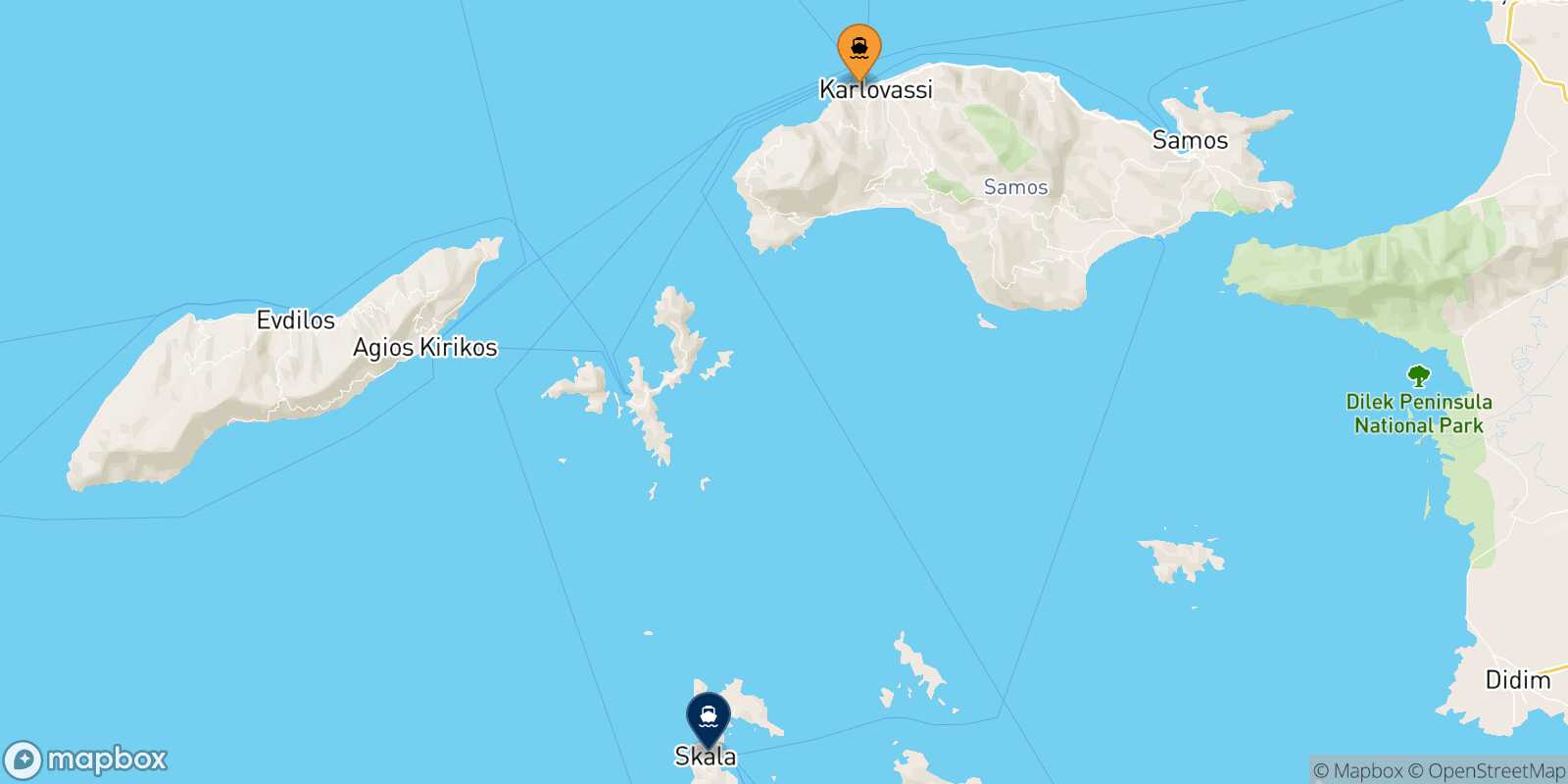 Pythagorio (Samos) Patmos route map