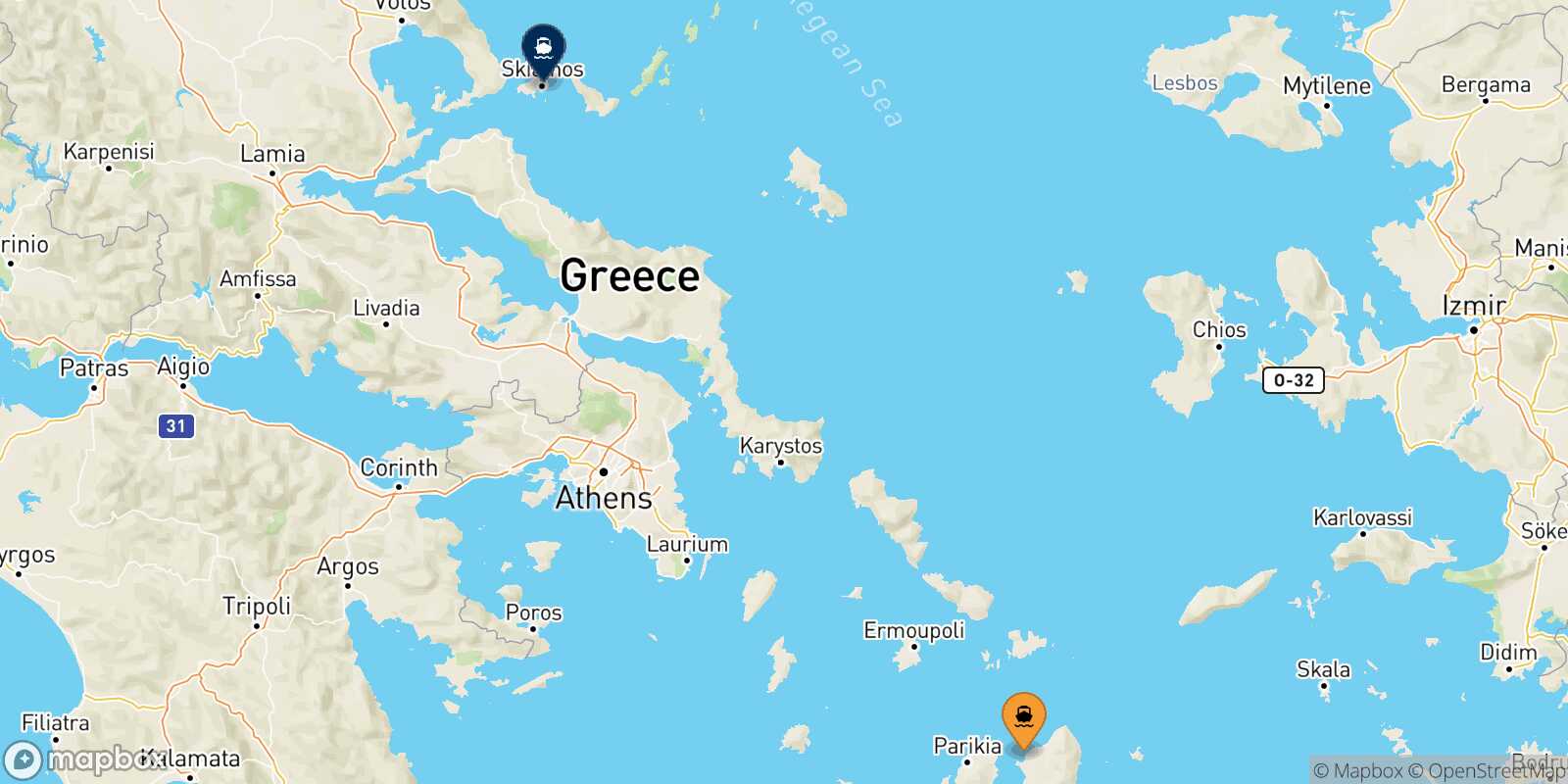 Map of the destinations reachable from Naxos