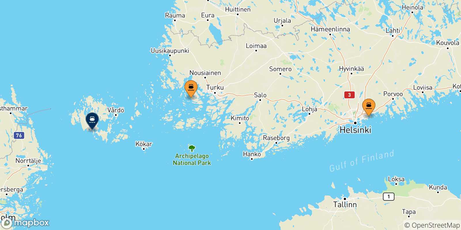 Map of the possible routes between Finland and Mariehamn